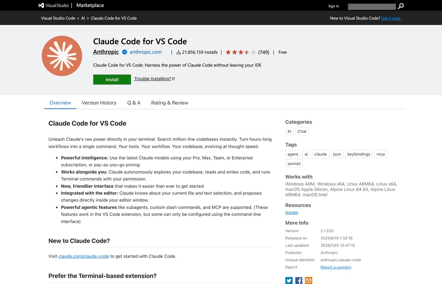 Claude Code for VS Code の配布ページ。発行元は Anthropic
