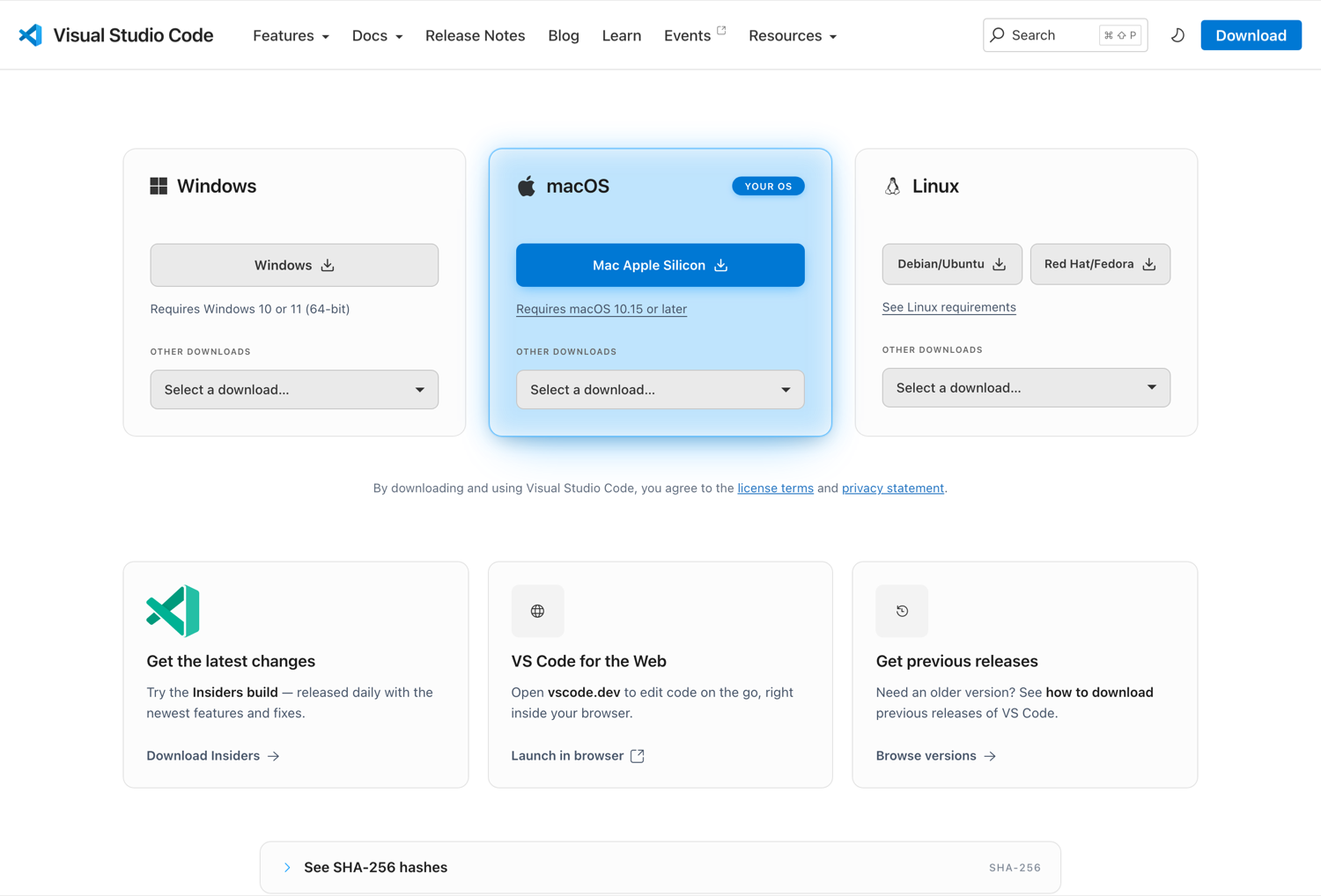 VSCode のダウンロードページ。Windows、macOS、Linux の選択肢が並んでいる