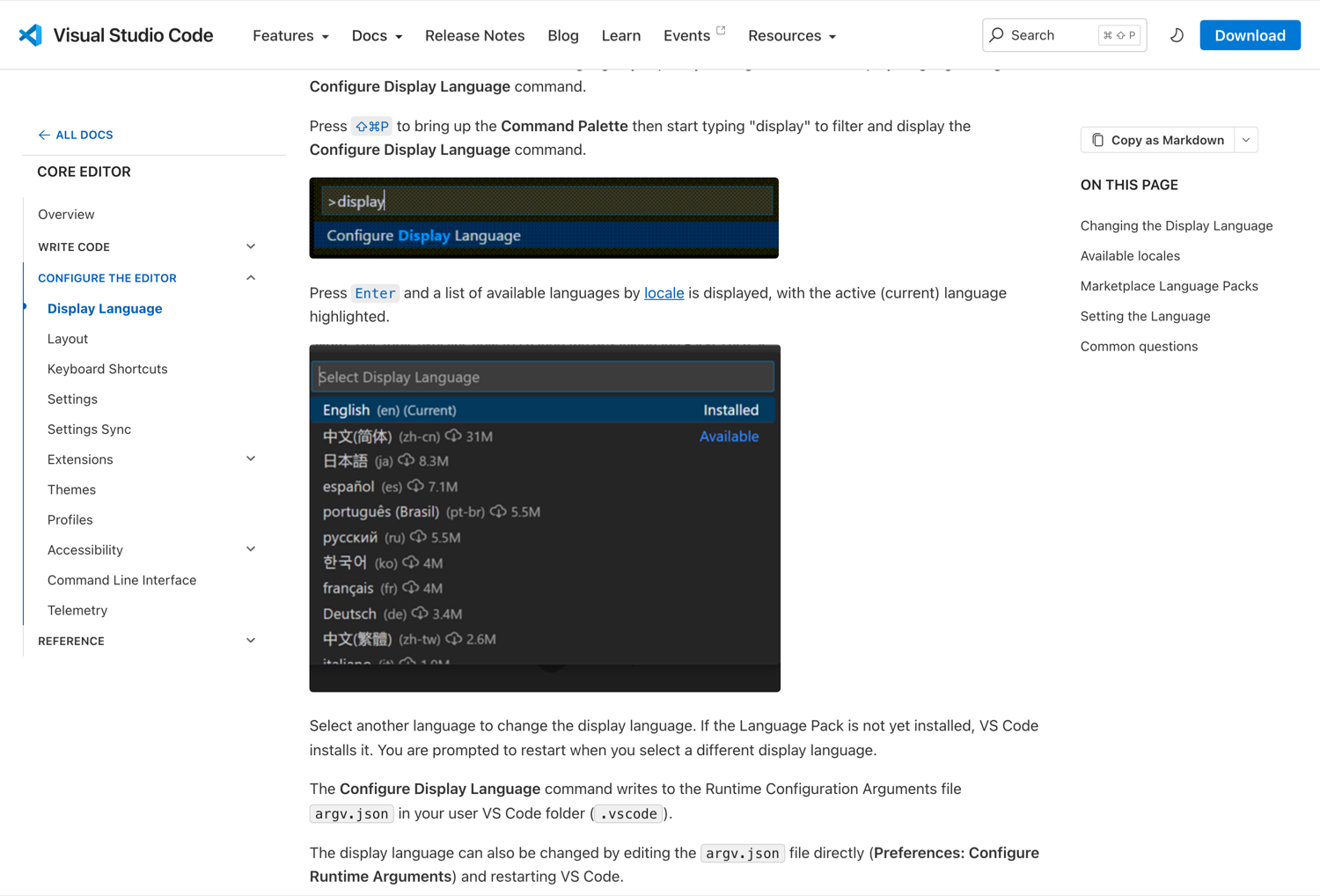 VSCode 公式ドキュメントの Display Language ページ