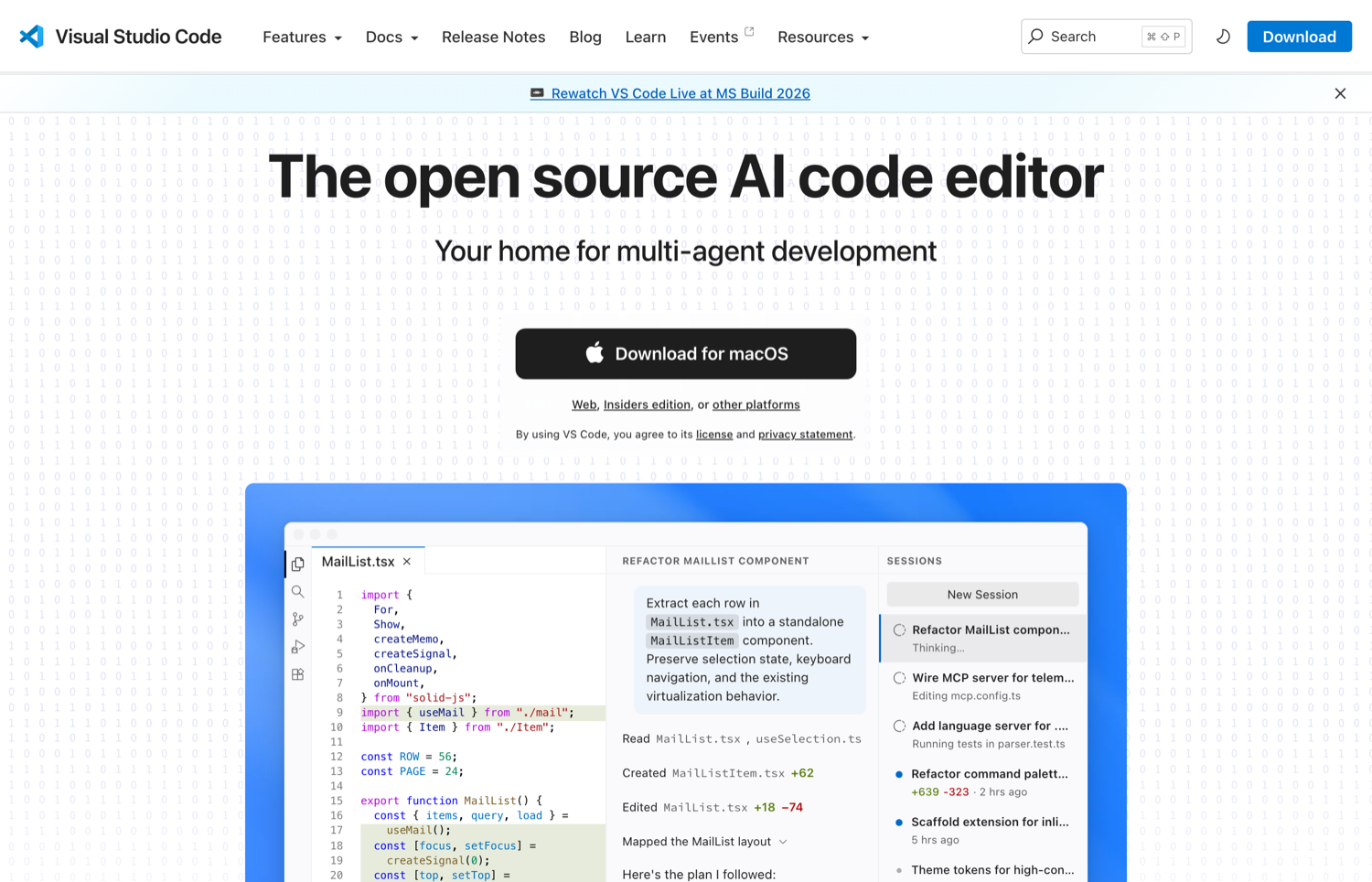 Visual Studio Code 公式サイトのトップページ